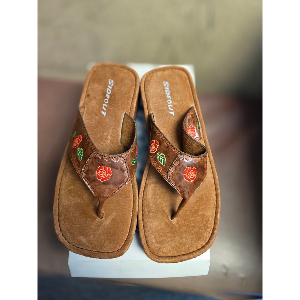 Sideout Jazz Brown Floral Rose Platform Thong Sandals Womens Size 9 Y2K Wedge